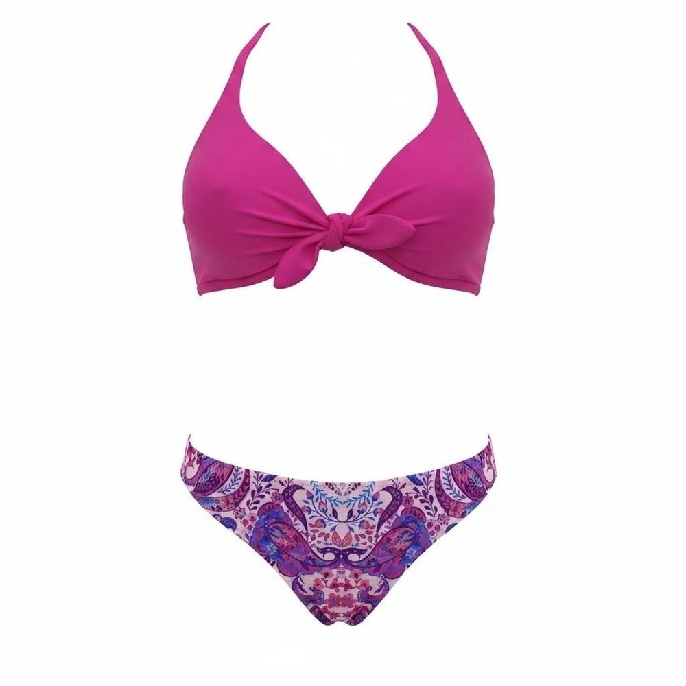 Cupshe Womens XL Pink Halter Knot Bikini Set Paisley Print Bottoms Tropical NWT